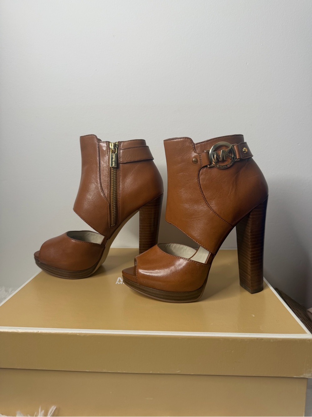 Michael Kors Cognac Leather Peep-Toe Ankle Booties